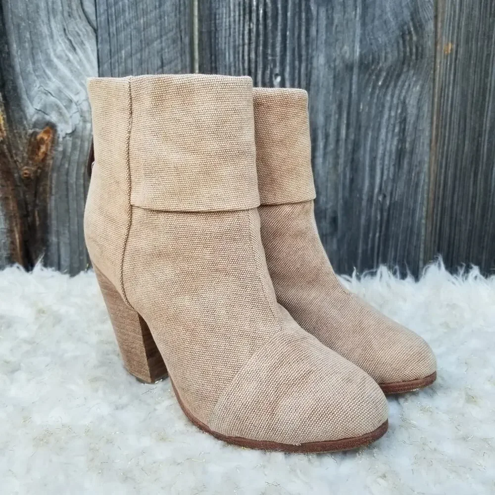Rag & Bone Newbury Ankle Boot Size 7.5 Rear Zip Tan Canvas High Heeled Bootie